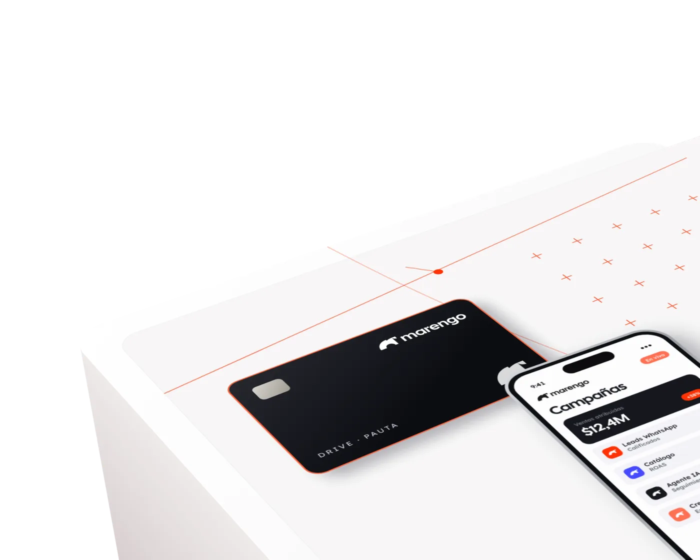 Tarjeta DRIVE de Marengo y teléfono con la app de campañas sobre un pedestal blanco