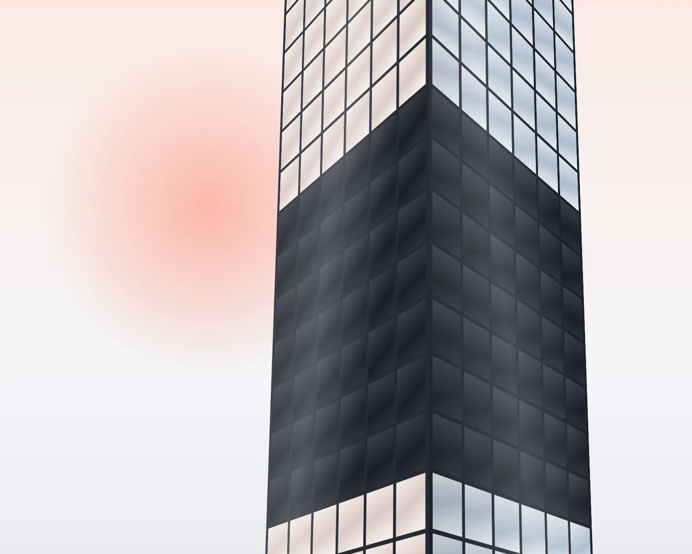 Torre de vidrio con fachada polarizada al atardecer